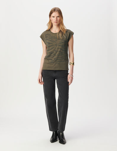 Tee-shirt col rond kaki broderies perles - IKKS