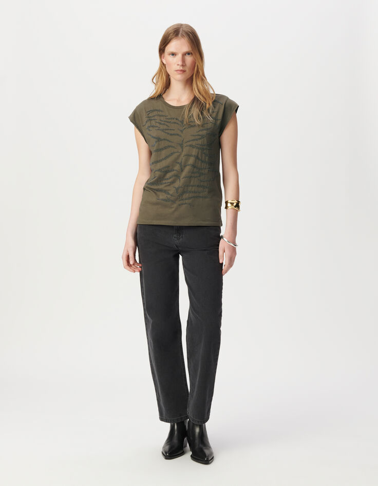 Tee-shirt col rond kaki broderies perles-1