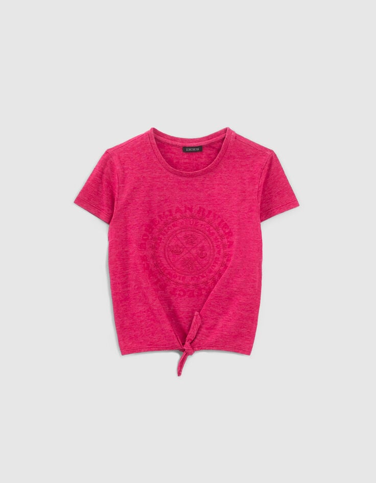 Girls&rsquo; fuchsia T-shirt with rosette and bow-1