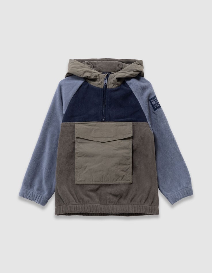Khaki und blaues Jungenfleece-Kapuzenshirt-1 Khaki und blaues Jungenfleece-Kapuzenshirt-1