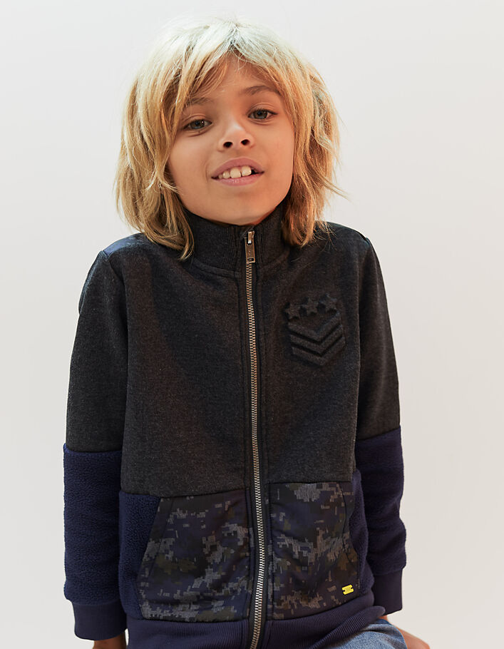 Boys’ grey marl and navy cardigan with camouflage pockets  - IKKS