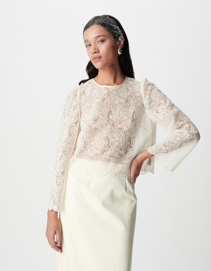 Mujer blusa corta de puntilla blanca-1