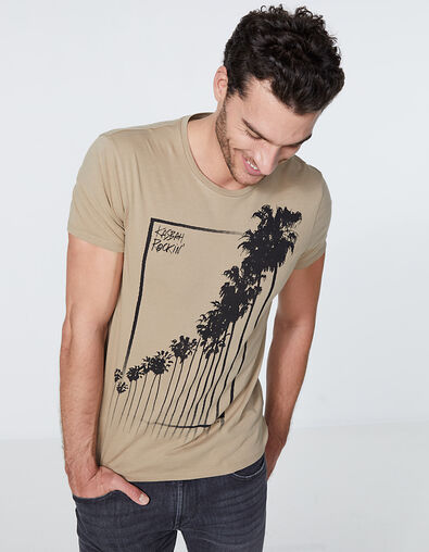 Men’s beige T-shirt with striped palm trees - IKKS