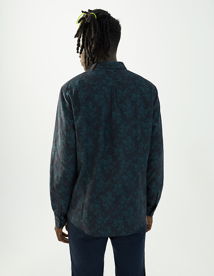 Camisa azul oscuro de pana fina con estampado flores hombre-2 Camisa azul oscuro de pana fina con estampado flores hombre-2