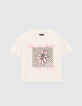 T-shirt &eacute;cru coton bio visuel fleur et damier fille-1