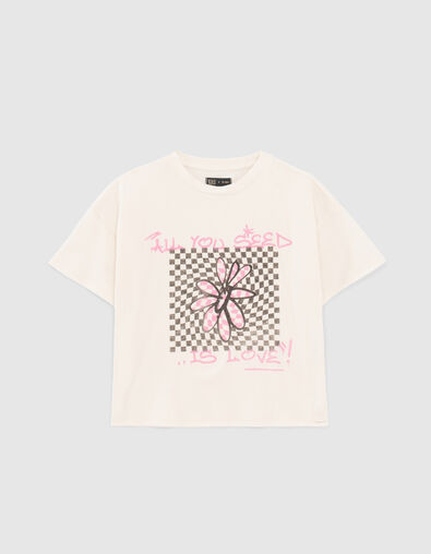 Camiseta crudo algodón ecológico flor y damero niña - IKKS