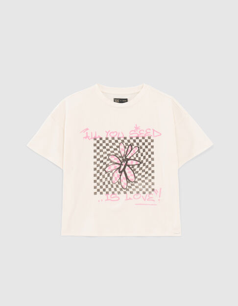 Girls’ ecru flower and checkerboard organic cotton T-shirt