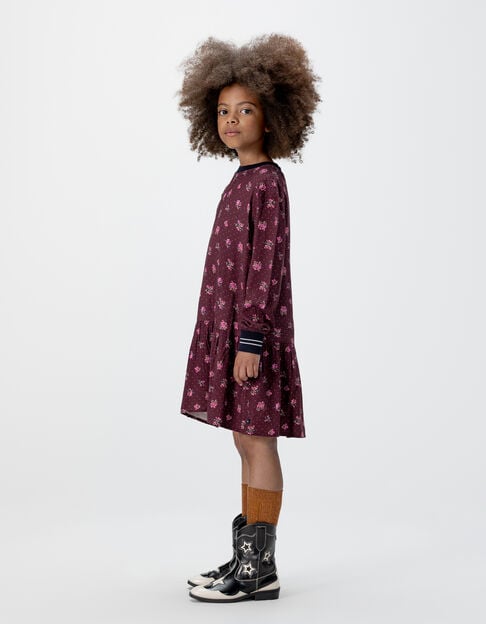 Girls’ burgundy long-sleeved dress with bouquet print - IKKS