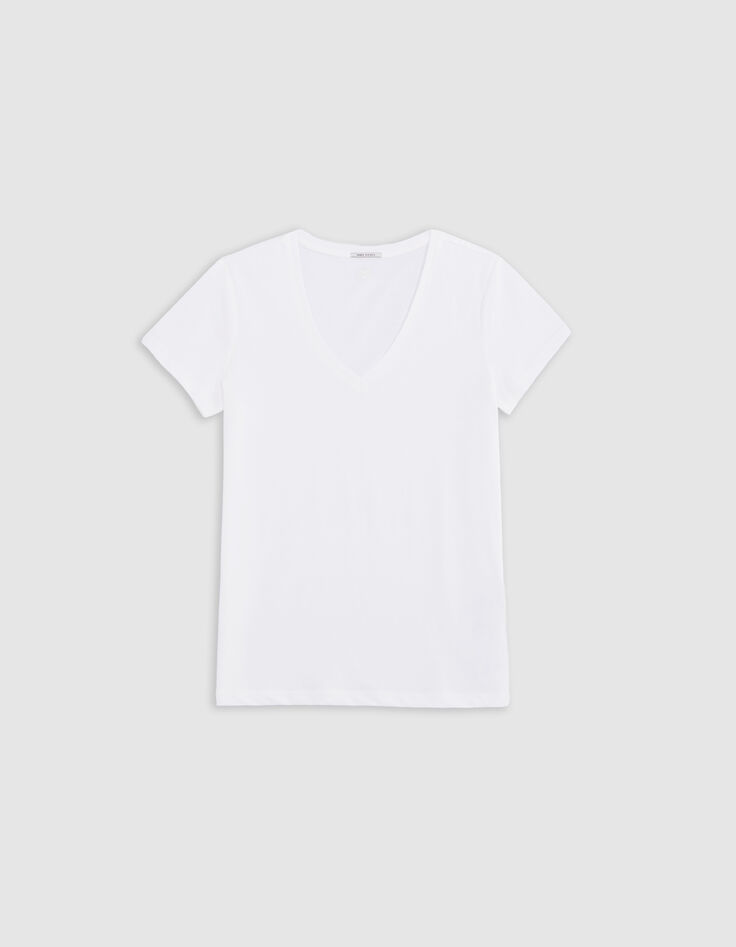 Damen-T-Shirt écru V-Ausschnitt Stickerei Fischgrätenmuster Rücken-5
