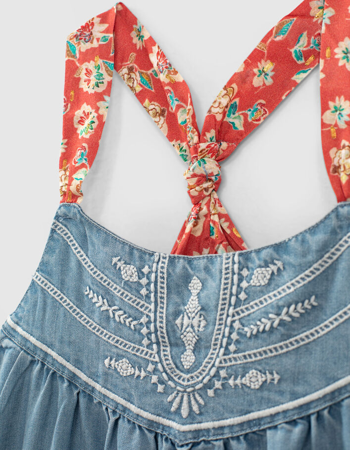 Girls’ light blue Tencel® embroidered dress+printed straps - IKKS