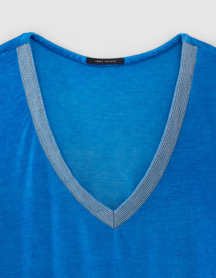 Women’s blue mixed fabric top with striped ribbed V neck - IKKS