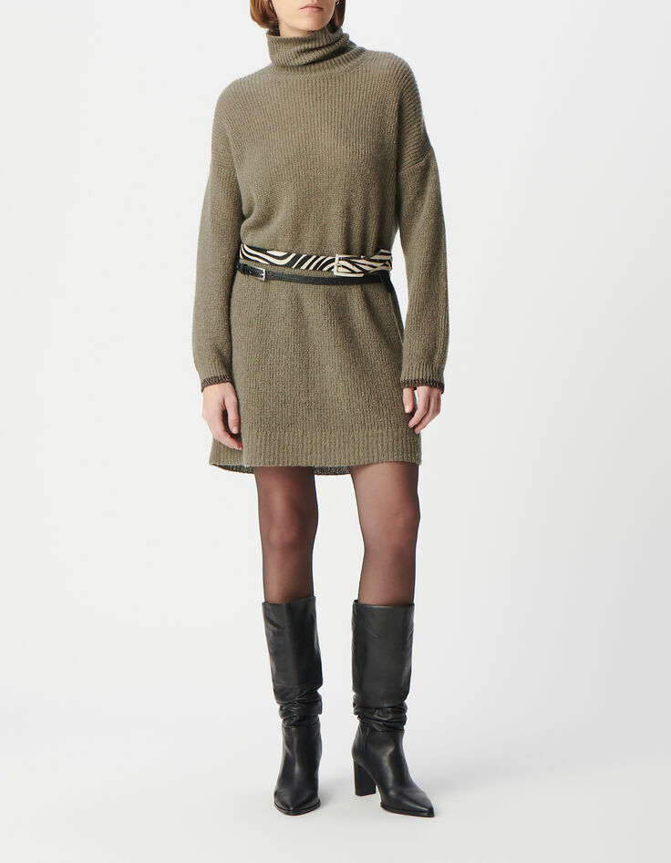 Robe pull kaki tricot côtelé col roulé Femme-1 Robe pull kaki tricot côtelé col roulé Femme-1