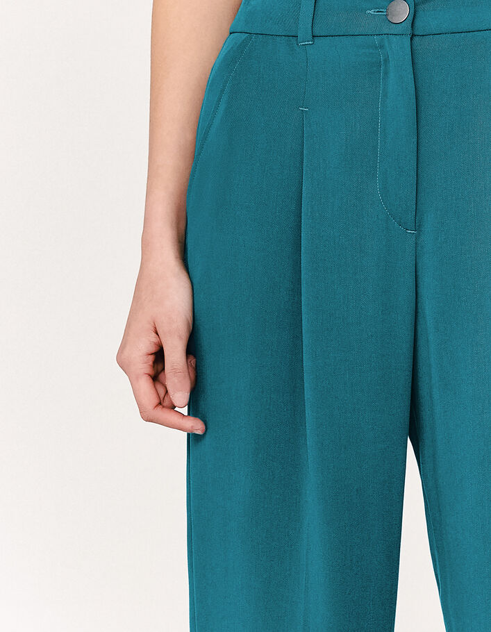 Soepele smaragdblauwe geklede broek in tencel riem dames-4