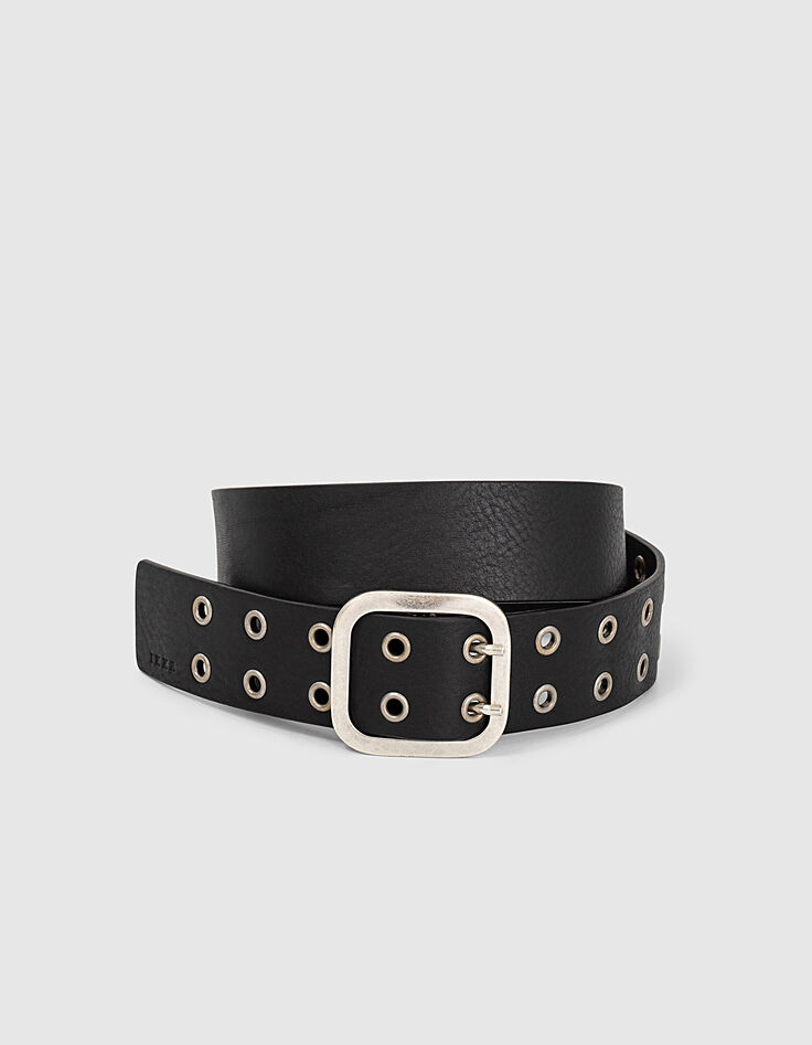 Ceinture jean en cuir noir œillets bijoux femme-1