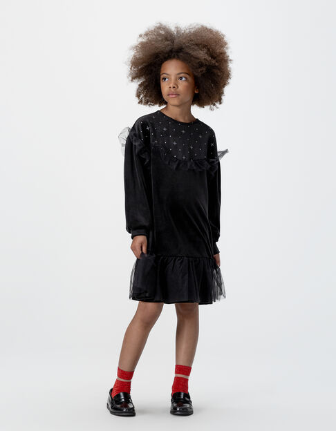 Girls’ black embroidered velvet dress with tulle ruffles - IKKS
