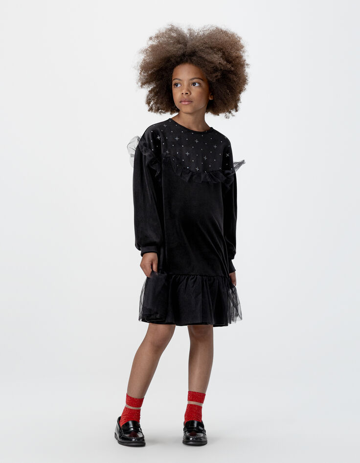 Girls’ black embroidered velvet dress with tulle ruffles-1