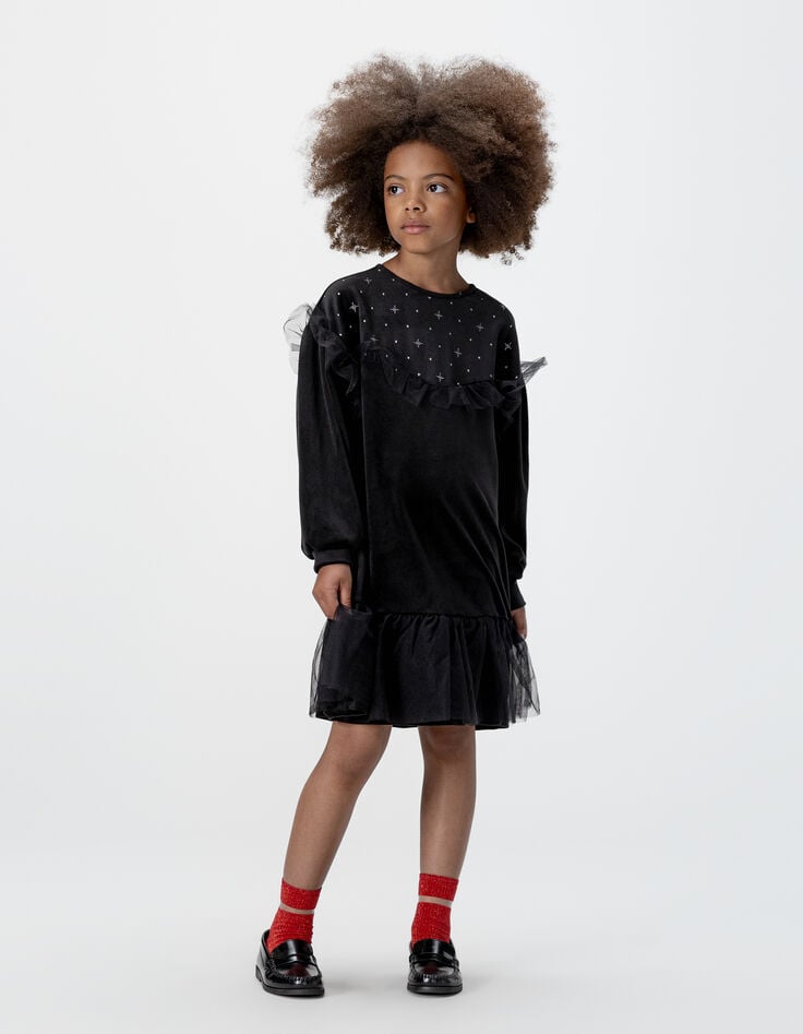 Robe noire velours brodé volants tulle fille-1 Robe noire velours brodé volants tulle fille-1