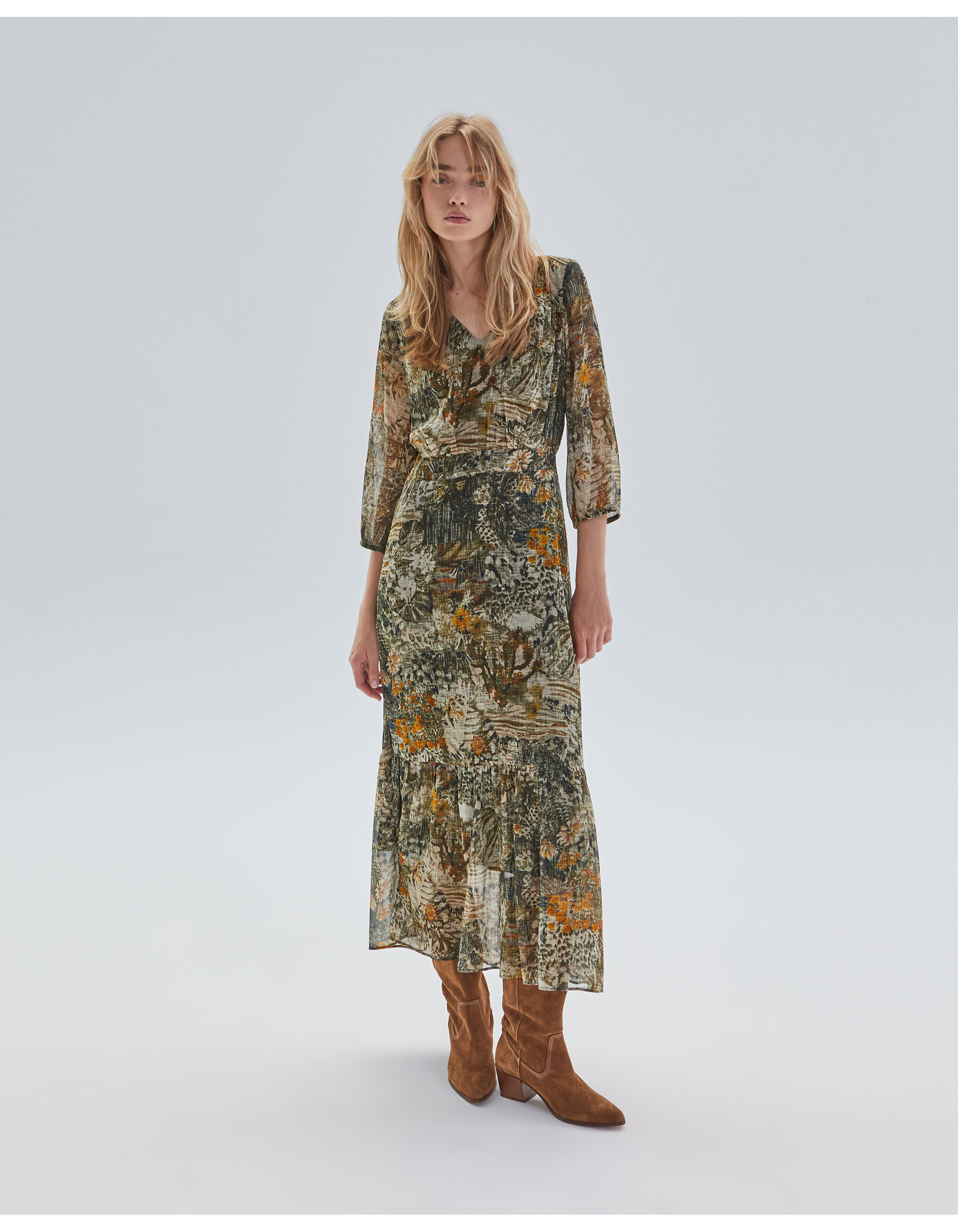 Robe longue kaki imprim paysage Femme