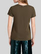 Kaki Damen-T-Shirt mit Totenkopfprint und Strass-3