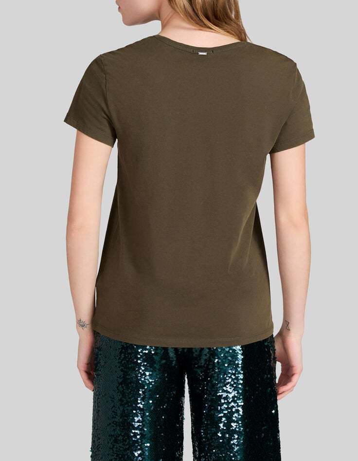 Kaki Damen-T-Shirt mit Totenkopfprint und Strass-3