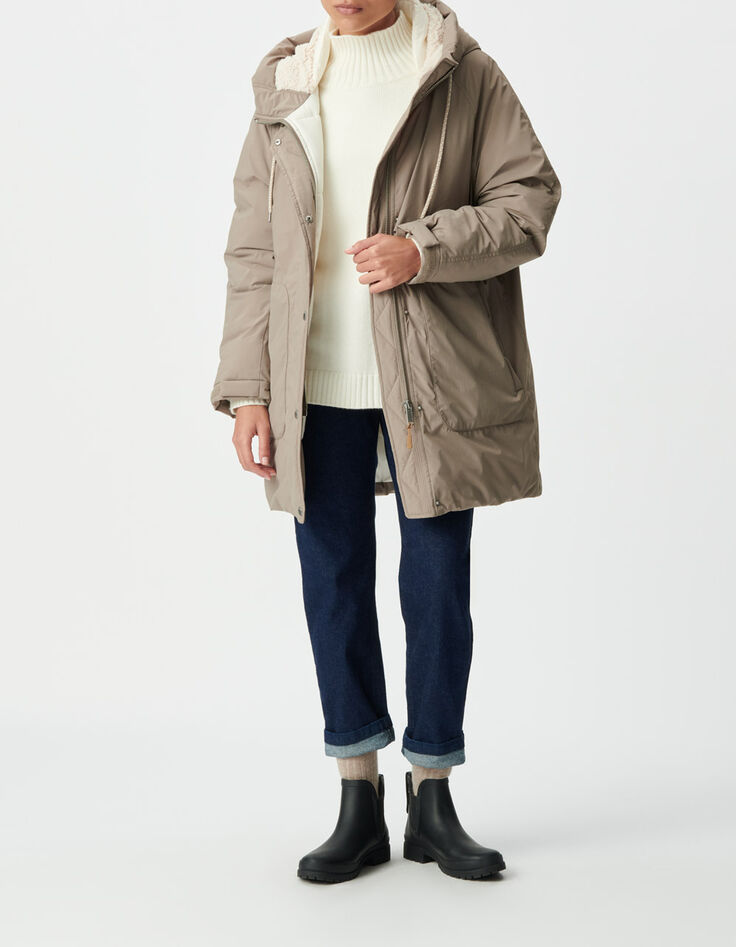 Doudoune beige capuche fourr&eacute;e Femme-1