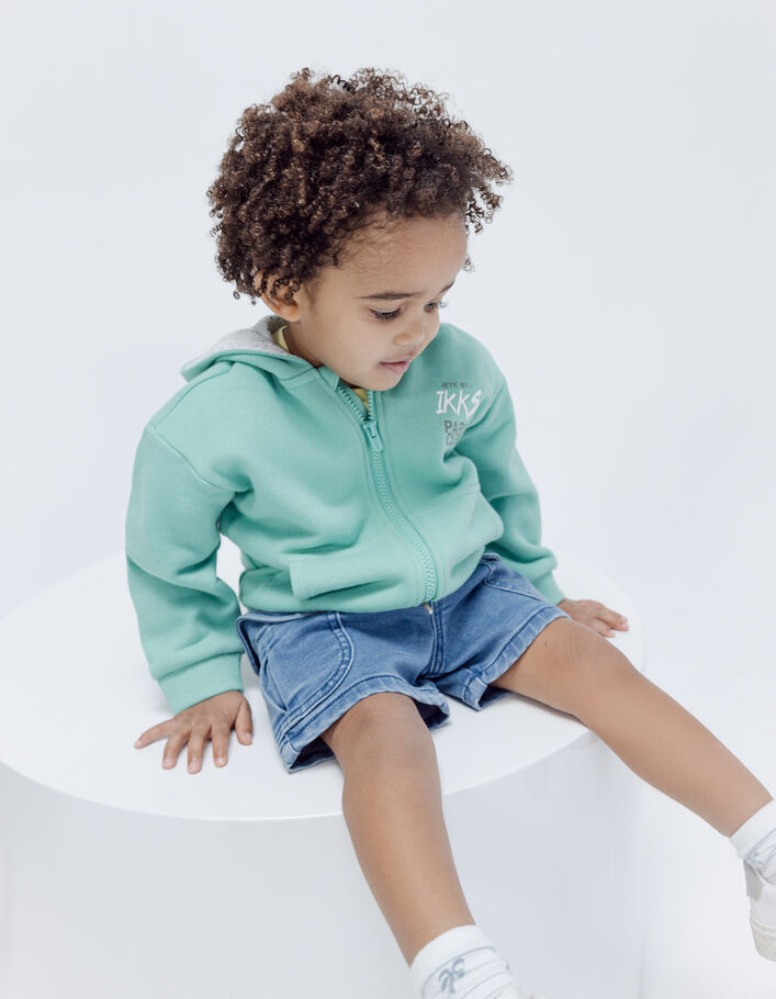 Baby boys’ green sweatshirt fabric cardigan, goggles hood