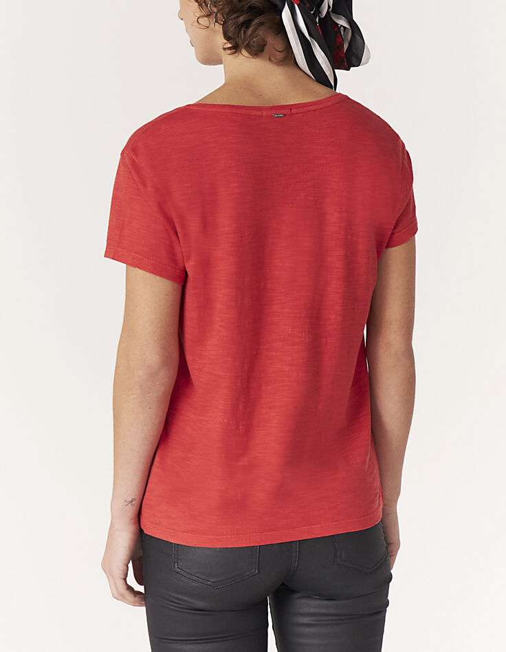 Tee-shirt rock col V en coton rouge feu message femme-2