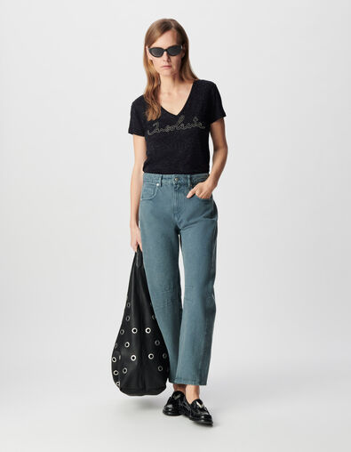 Women's navy lurex micro-bead embroidered message tee-shirt - IKKS