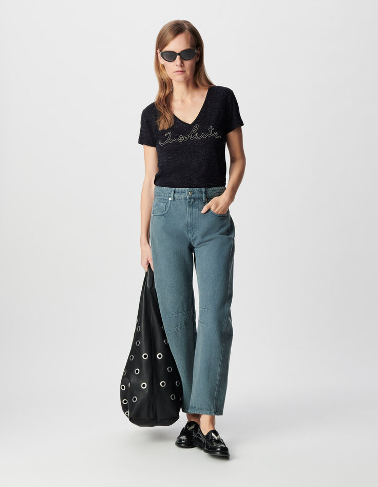 Women's navy lurex micro-bead embroidered message tee-shirt-1