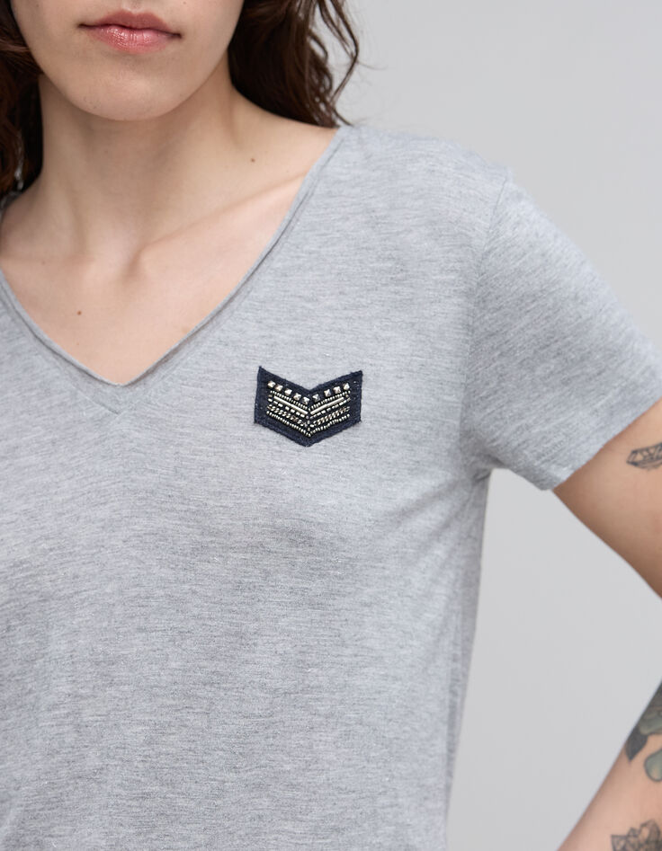 Hellgrau meliertes Damen-T-Shirt mit V-Ausschnitt-4