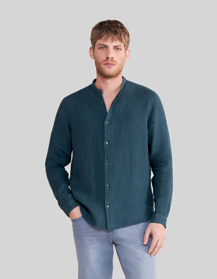 Men’s slate pure linen REGULAR shirt with mandarin collar - IKKS