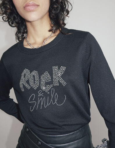 Schwarzer Damenpullover mit Schriftzug, Nieten und Strass - IKKS