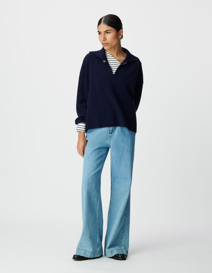 Jersey azul marino jacquard tart&aacute;n con cuello alto Mujer-2