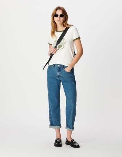 Tee-shirt manches courtes &eacute;cru visuel oiseau kaki Femme - IKKS