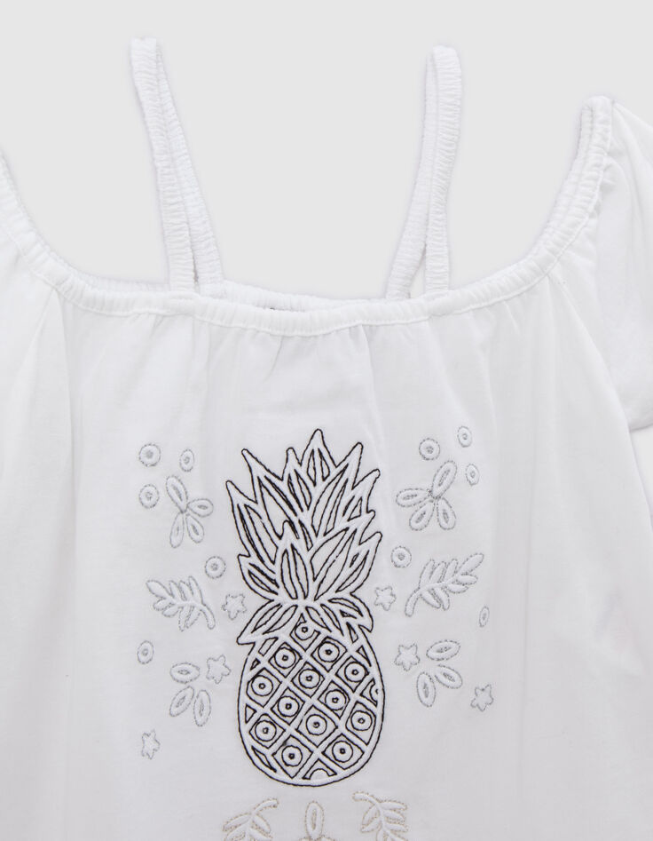 T-shirt blanc coton bio broderie ananas fille-2
