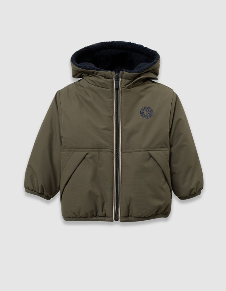 Jungenwendeparka in Khaki und marineblauem Sherpa-2 Jungenwendeparka in Khaki und marineblauem Sherpa-2