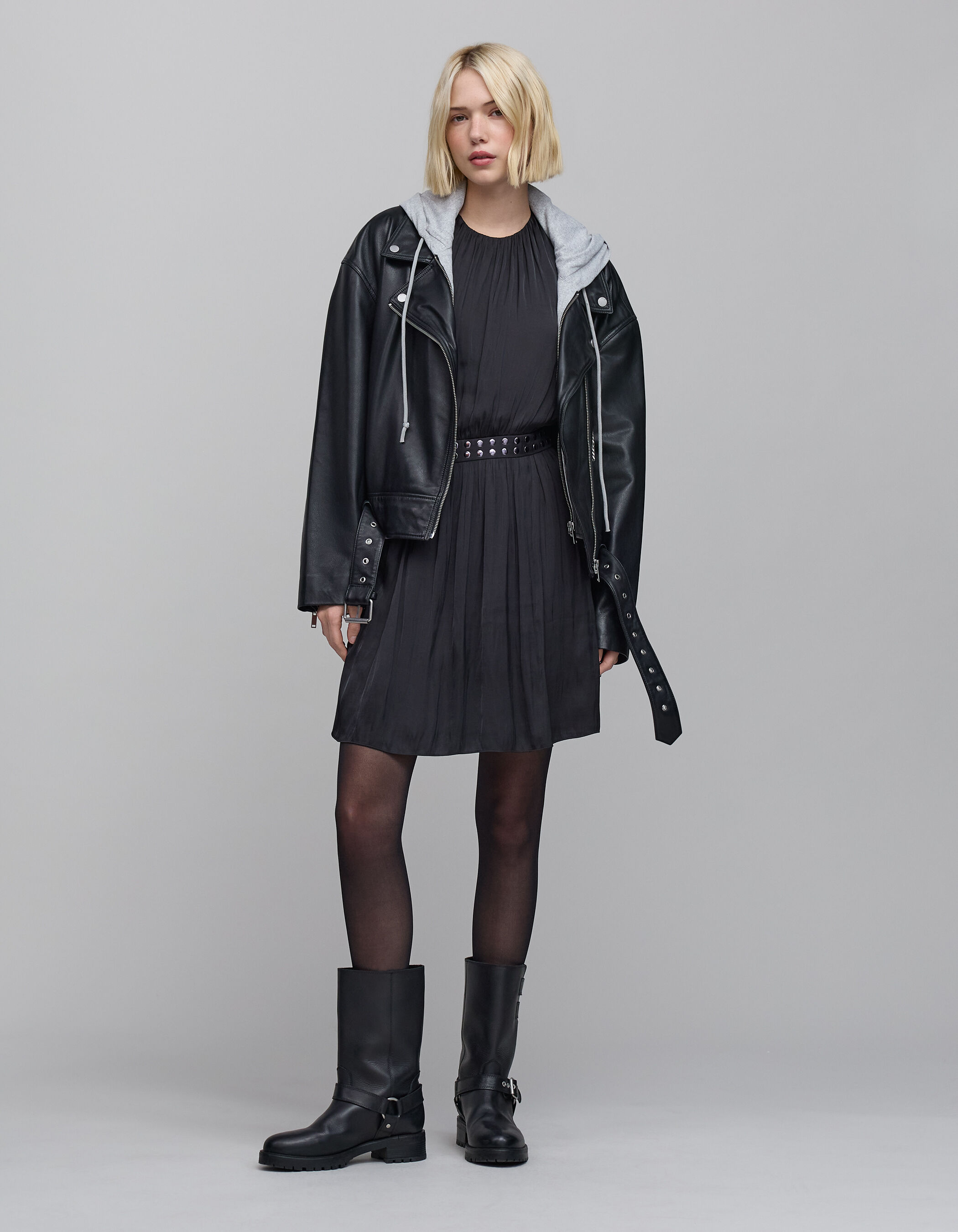 Robe noire froissee clous a la taille Femme IKKS