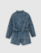 Kurzer Medium Blue M&auml;dchenjeansoverall mit Blumenprint-3