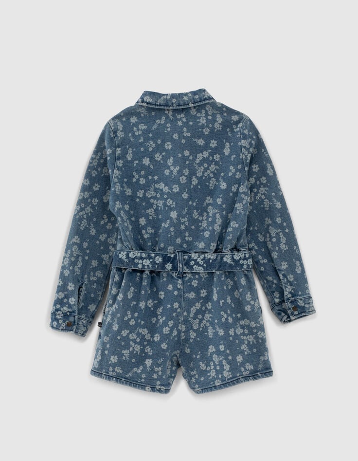 Kurzer Medium Blue M&auml;dchenjeansoverall mit Blumenprint-3