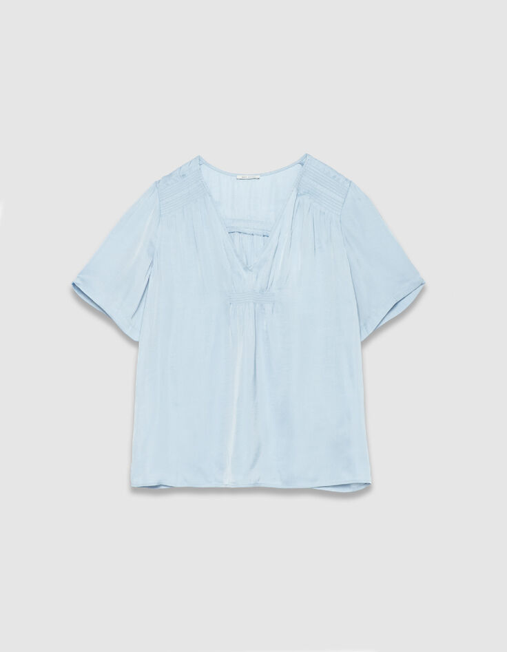 Top bleu satin&eacute; d&eacute;tails smocks Femme-5