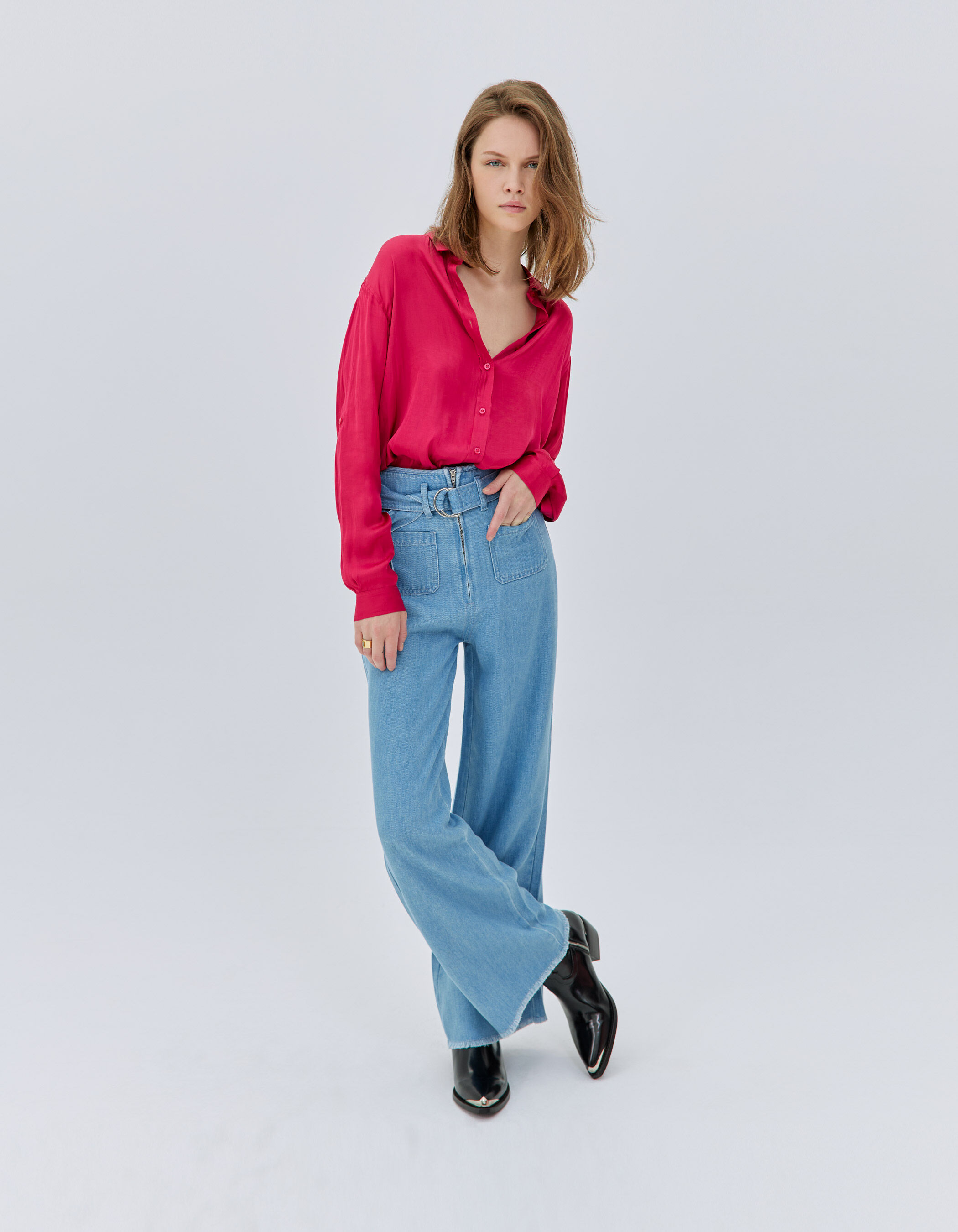 Women s belted high waist wide leg jeans
