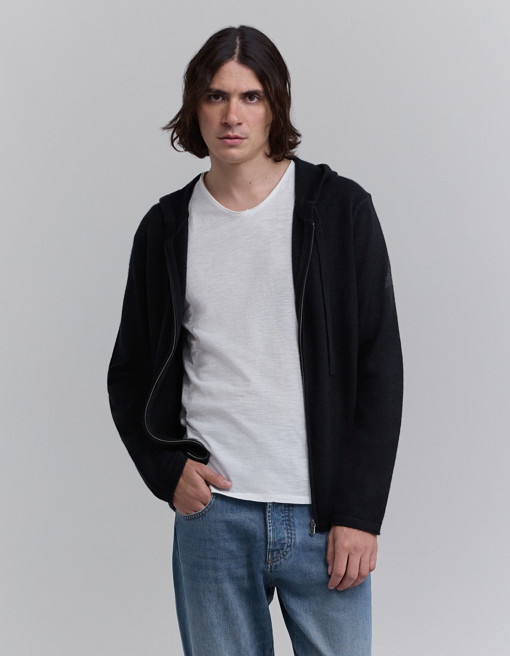 Men s black pure cashmere zipped hooded cardigan IKKS