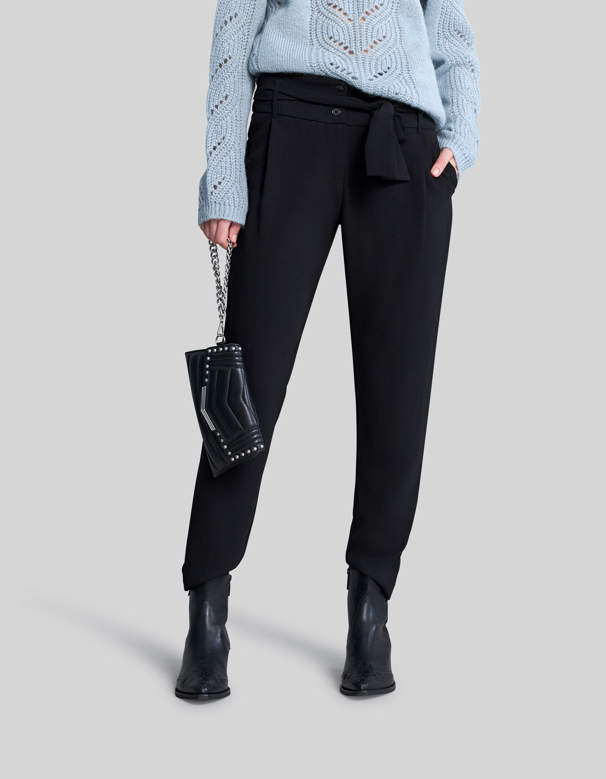 Women s high waisted black cr pe trousers