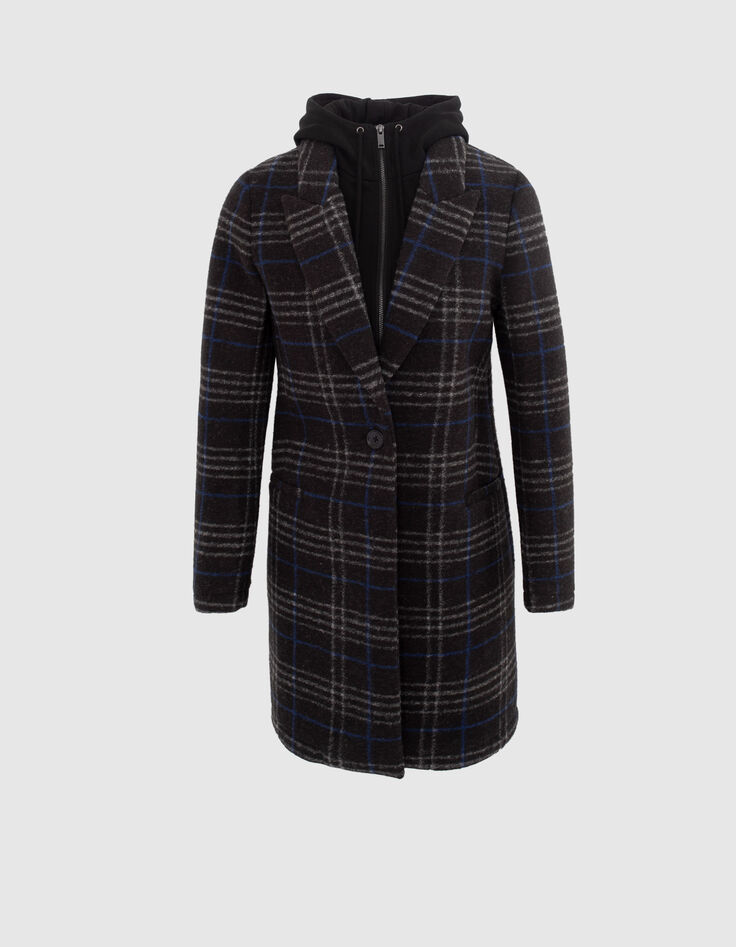 Manteau long à capuche gris à motif carreaux femme-1