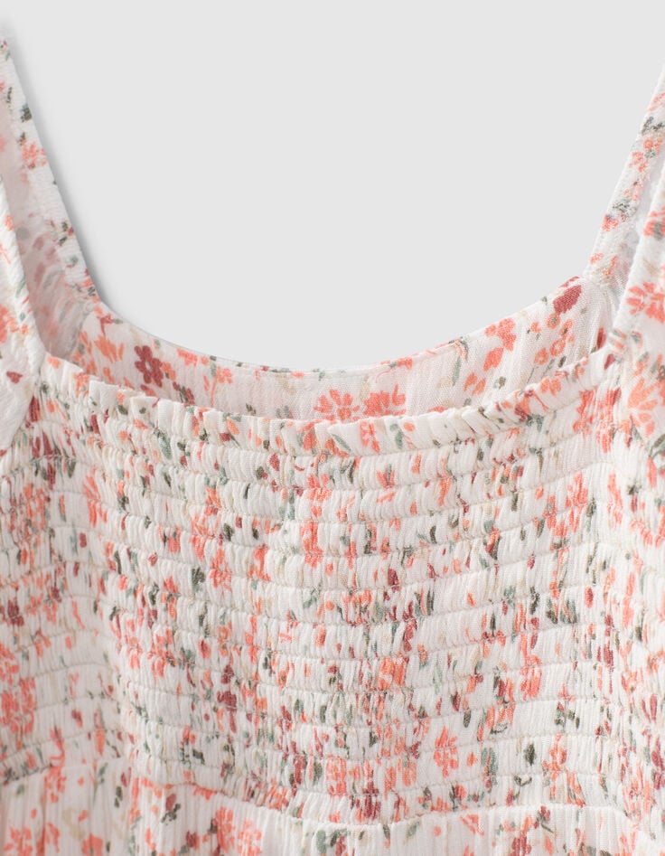 Cremewei&szlig;es M&auml;dchenkleid mit Blumen und Smocks-2