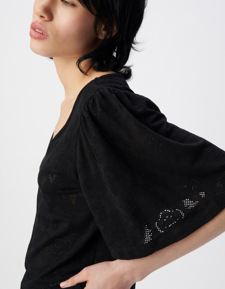 Tee-shirt manches courtes noir ajour&eacute; Femme-5