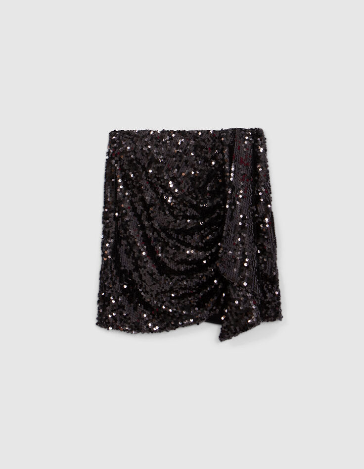 Falda corta bordada de lentejuelas negras para mujer-6