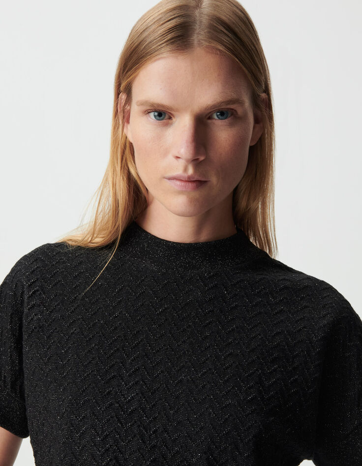 Tee-shirt manches courtes noir lurex maille ajourée Femme-4