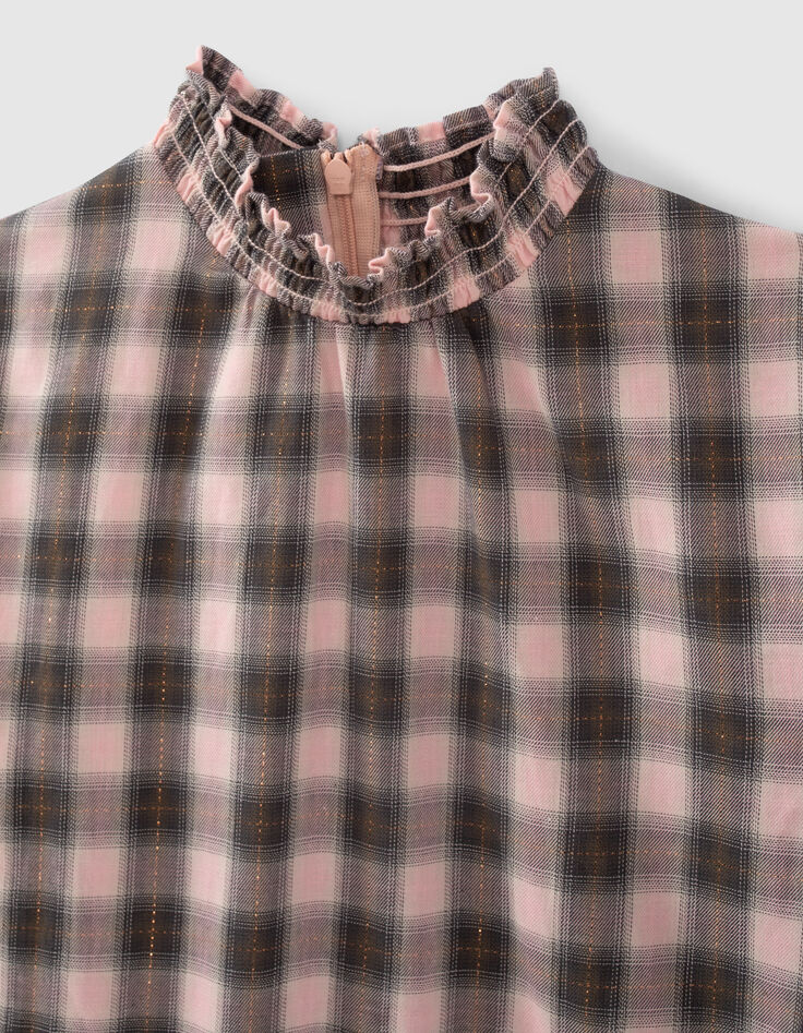 Kariertes Mädchenkleid, pink und khaki, Smock-Kragen-2