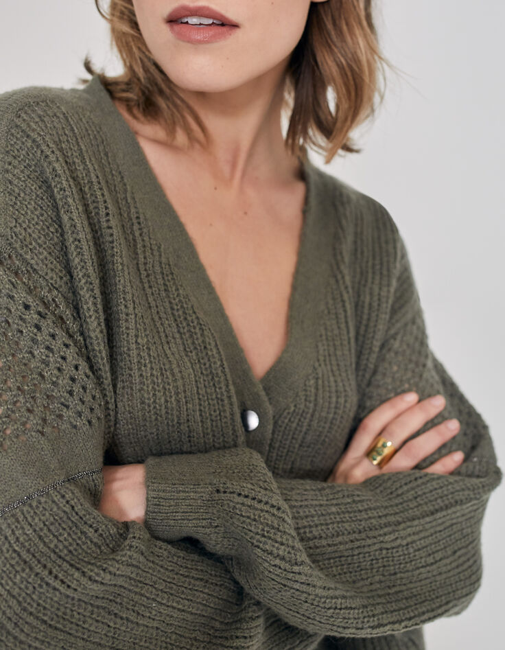 Women’s khaki knit cardigan with stitch detail and chains-3